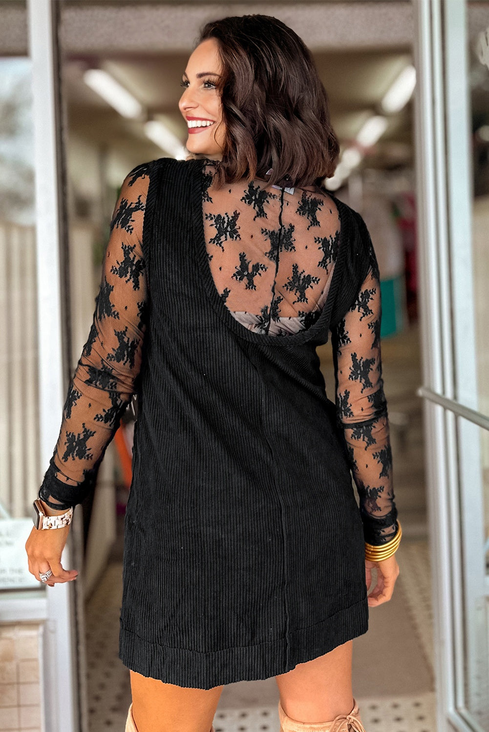 Black Corduroy Sleeveless Mini Dress With Patched Pockets