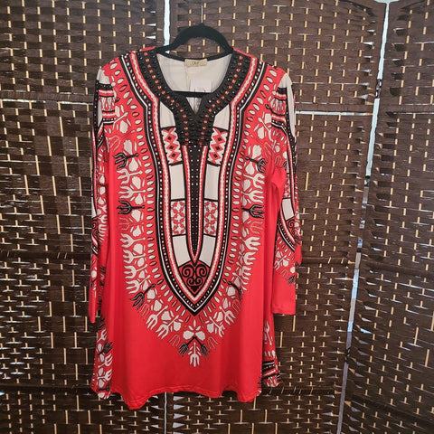 8.25.23 NF OSFM (Up to XL) Tunic Dress Jeweled RedWhtBlk NEW