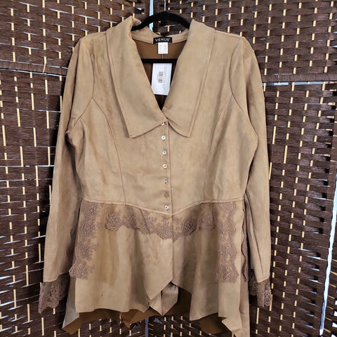 9.26.23 Venus Jacket Faux (Tan) Suede Lace Trim NEW