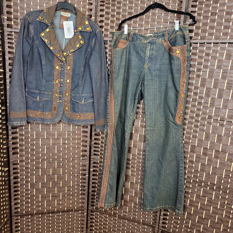 03.07.24 Style Denim 2pc (L Jacket-14 Pants) Brn Distress Jeweled Trim