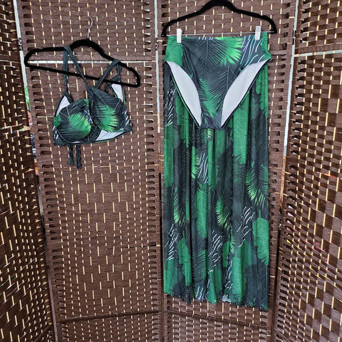 06.04.24 Swimsuit (L) 3pc GrnBlk Tropical Leaves NEW