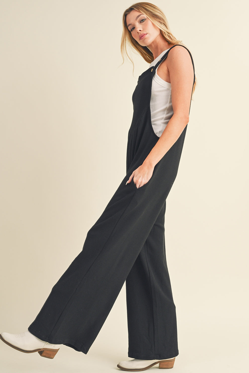 Black Adjustable Straps Ruched Wide Leg Jumpsuit