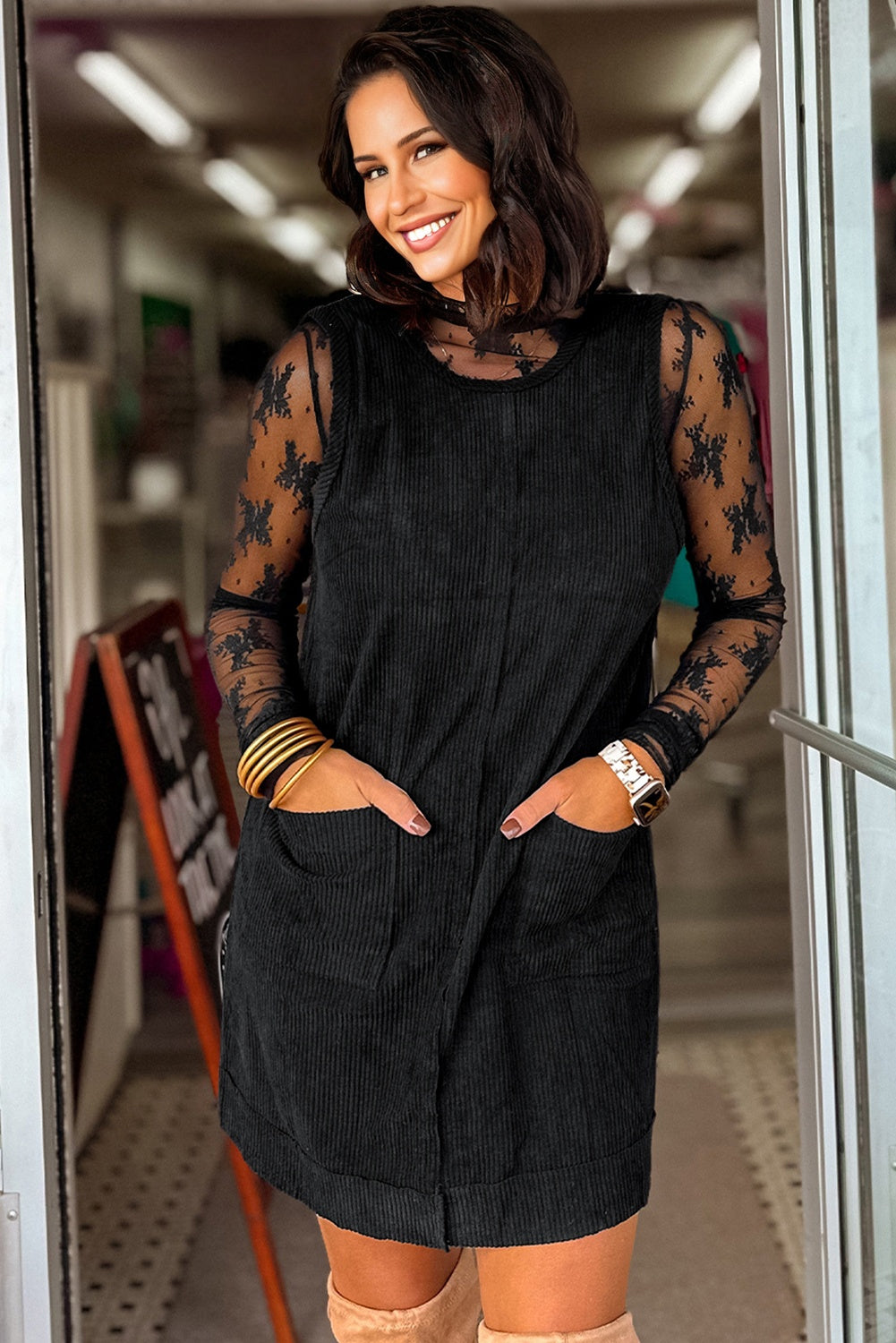 Black Corduroy Sleeveless Mini Dress With Patched Pockets