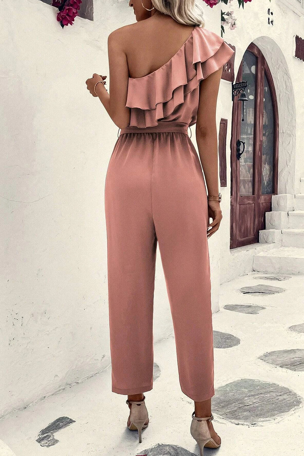 Dusty Pink Asymmetric Shoulder Ruffle Trim Belted Jumpsuit