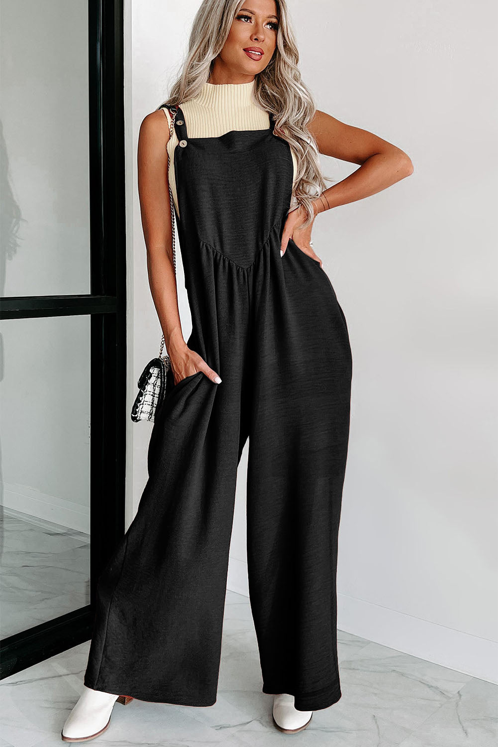 Black Adjustable Straps Ruched Wide Leg Jumpsuit