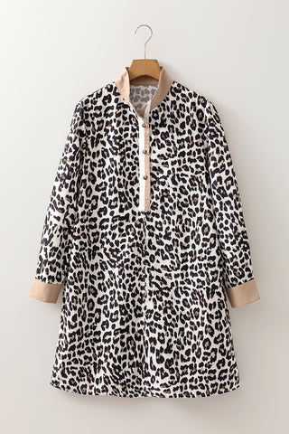 Multicolour Button Striped Collar Leopard Print Long Sleeve Flared Dress