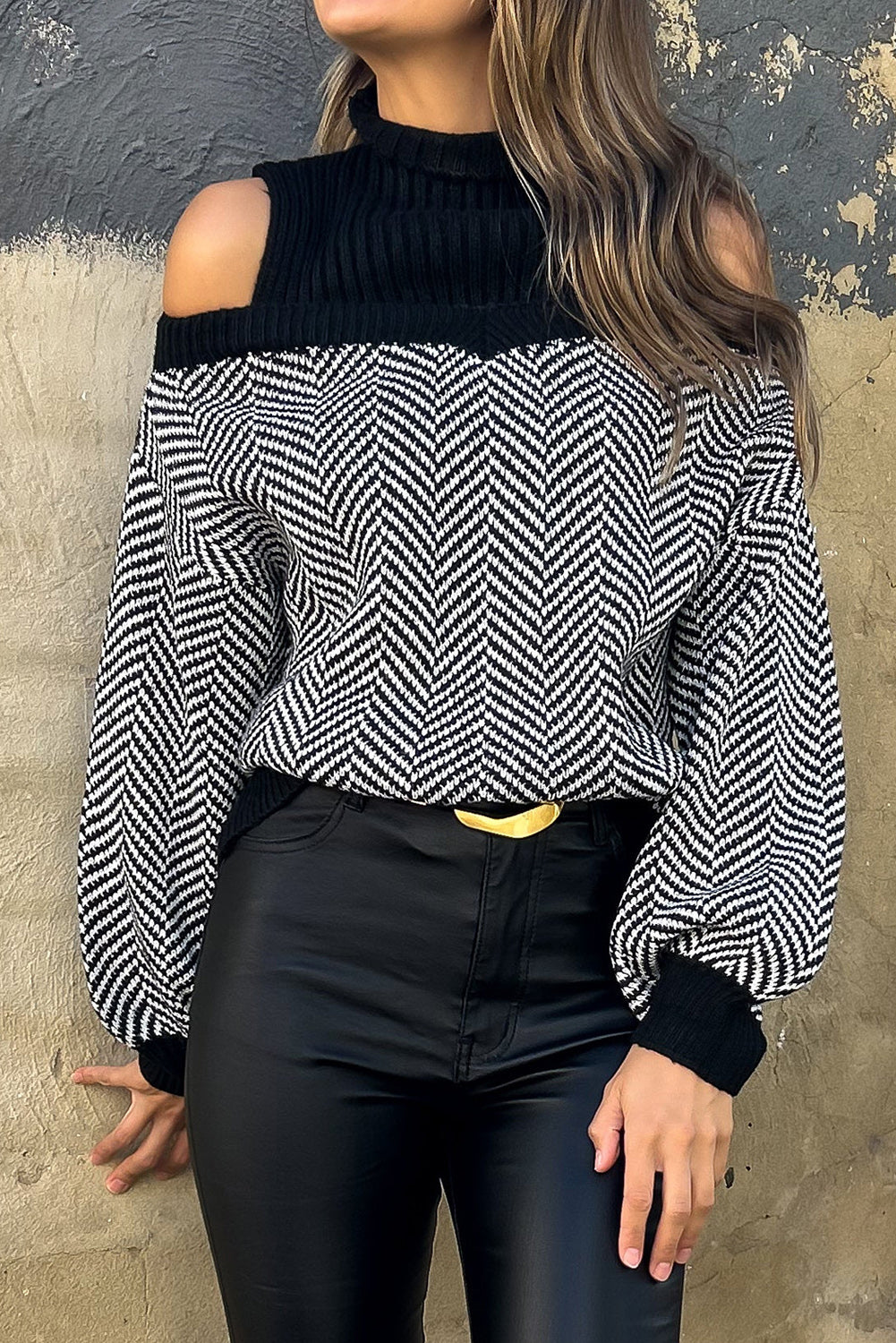 Black Stripe Half High Neck Cold Shoulder Knit Sweater