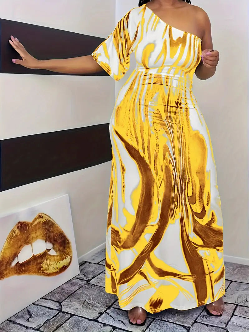 05.31.24 Dress WhtGold Swirl OneShoul Maxi Dress NEW