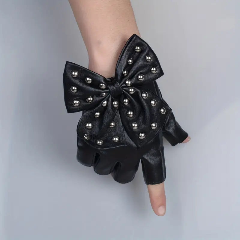 11.17.23 Gloves VegLeather Half Finger Studded Bow (M-L) NEW