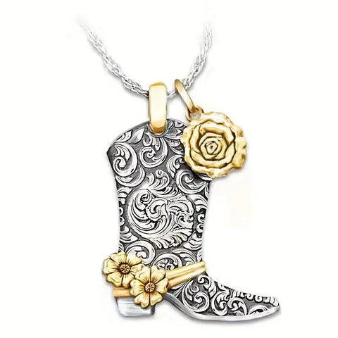 08.08.24 Necklace Silver&Gold RStone Cowgirl Boots NEW