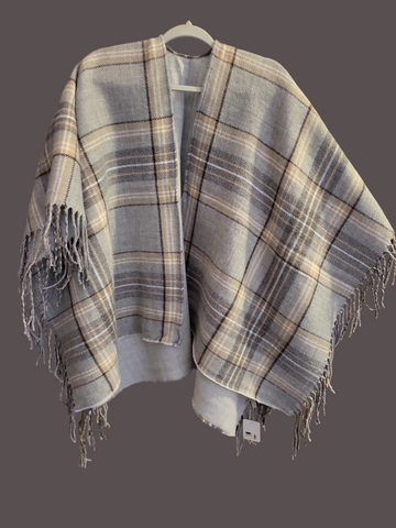 09.24.24 Promesa (OSFM) Poncho Wrap GreyBrnBlk Plaid Fringes NEW