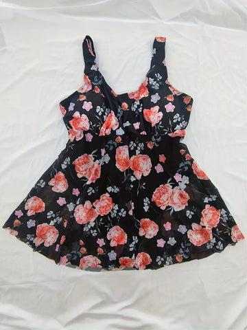 7.10.23 Swimsuit Black Floral 1pc Mesh Bottom NEW