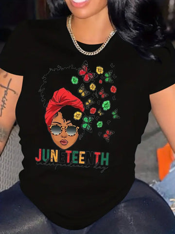 6.3.23 T-Shirt Juneteenth Lady Flowers Black NEW