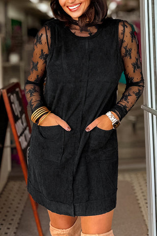 Black Corduroy Sleeveless Mini Dress With Patched Pockets