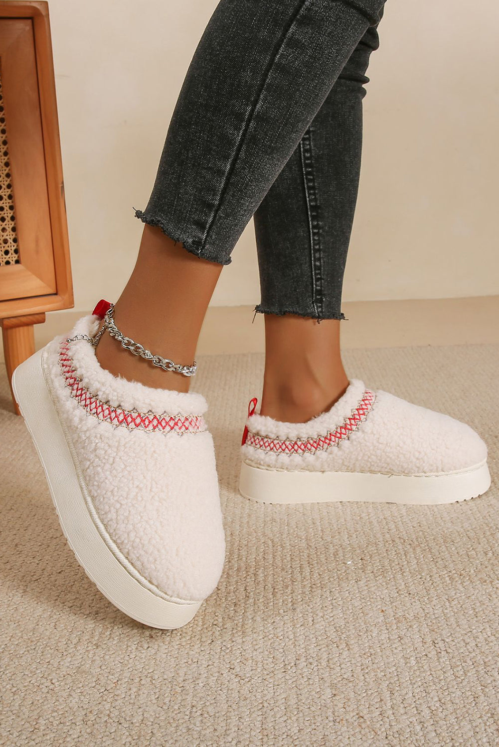Chestnut Embroidered Sherpa Plush Thick Sole Snow Boots