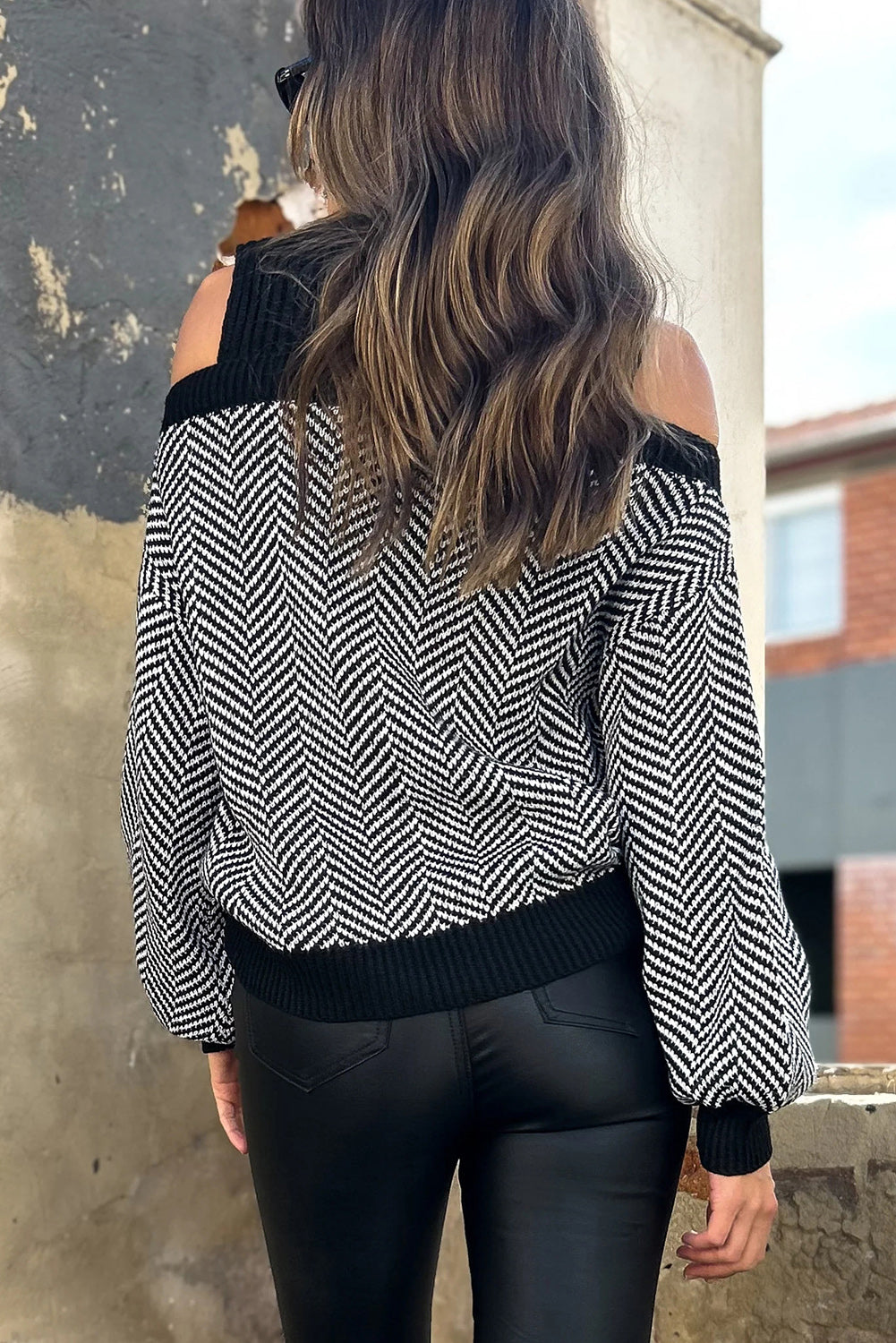 Black Stripe Half High Neck Cold Shoulder Knit Sweater