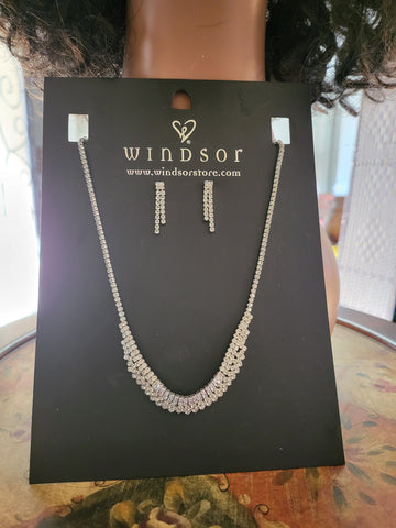 09.17.24 Winsor 2pc Silver RStones Necklace & Earrings NEW