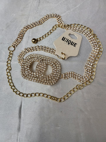 10.10.24 Belt Unique (OS =M-2X) Gold Rect Circle Chain RStones NEW