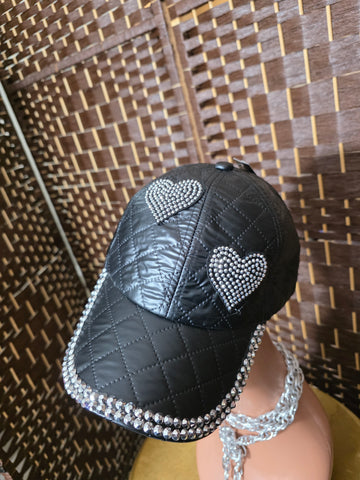10.08.25 MaddHatter (OSFM) Blk w/Silver Seq Quilted HEARTS BBCap NEW