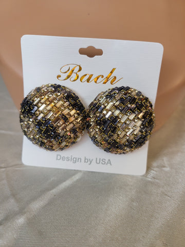 10.07.24 Bach EarRings Clipon Round GoldBlk RSstone NEW